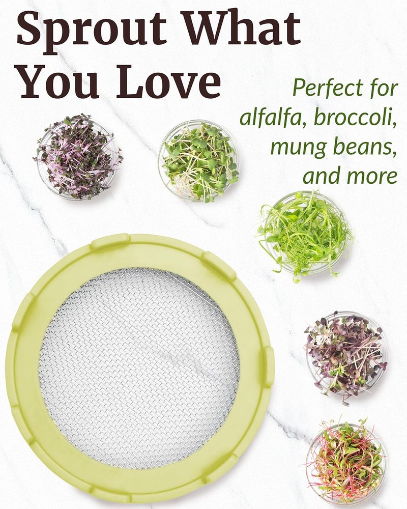 Elementi Sprouting Jar Kit for Wide Mouth Mason Jars, Set of 2 Sprouting Lids for Organic Sprouts, Alfalfa & Mung Bean Sprouts Grow Kit, 316 Stainless Steel Mesh Screen Lid (Yellow) - Image 3